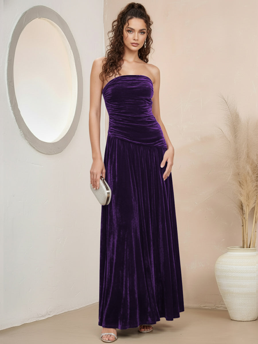A-Line/Princess Strapless Pleated Velvet Floor-Length Formal Dresses