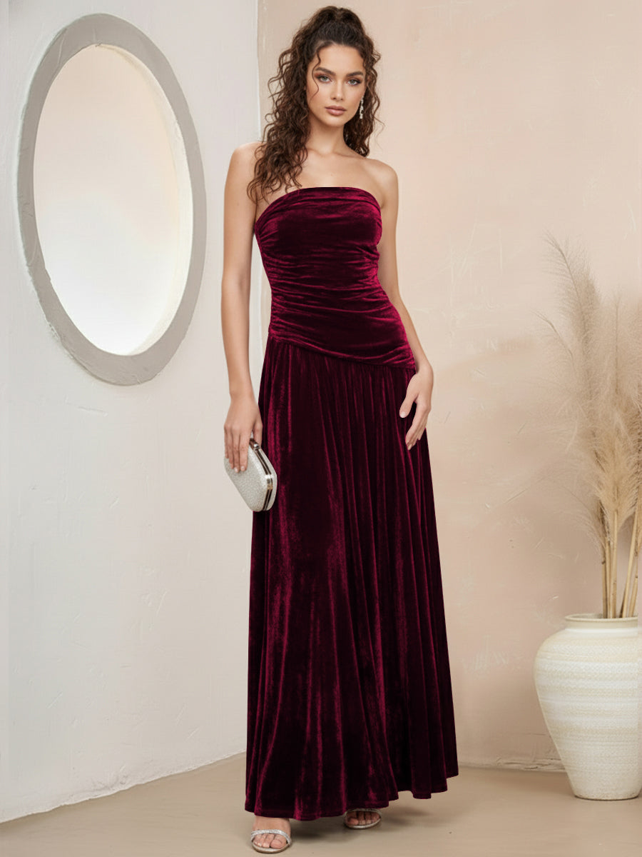 A-Line/Princess Strapless Pleated Velvet Floor-Length Formal Dresses