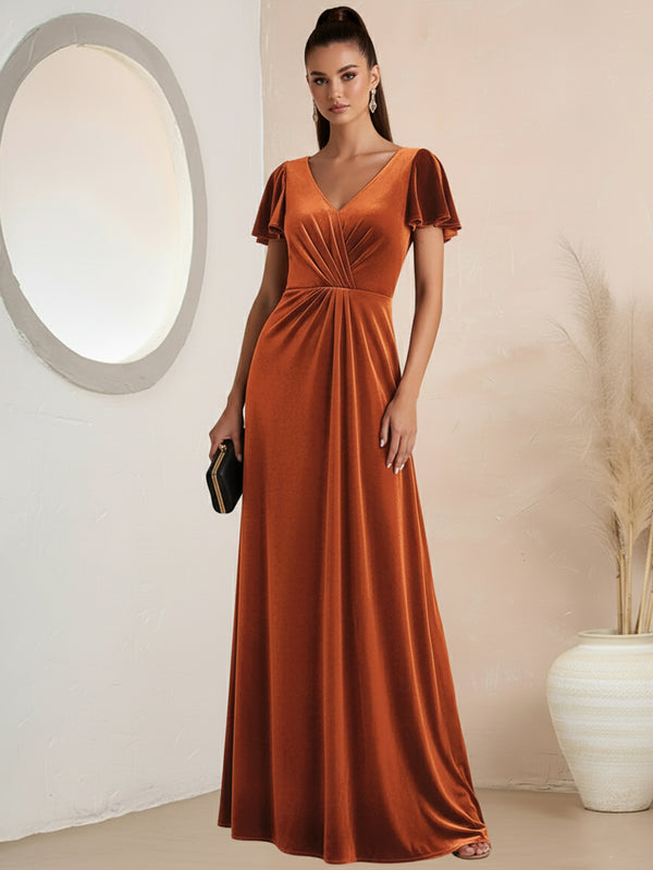 Classic A-Line/Princess V-Neck Short Sleeve Ruched Floor-Length Formal Dresses