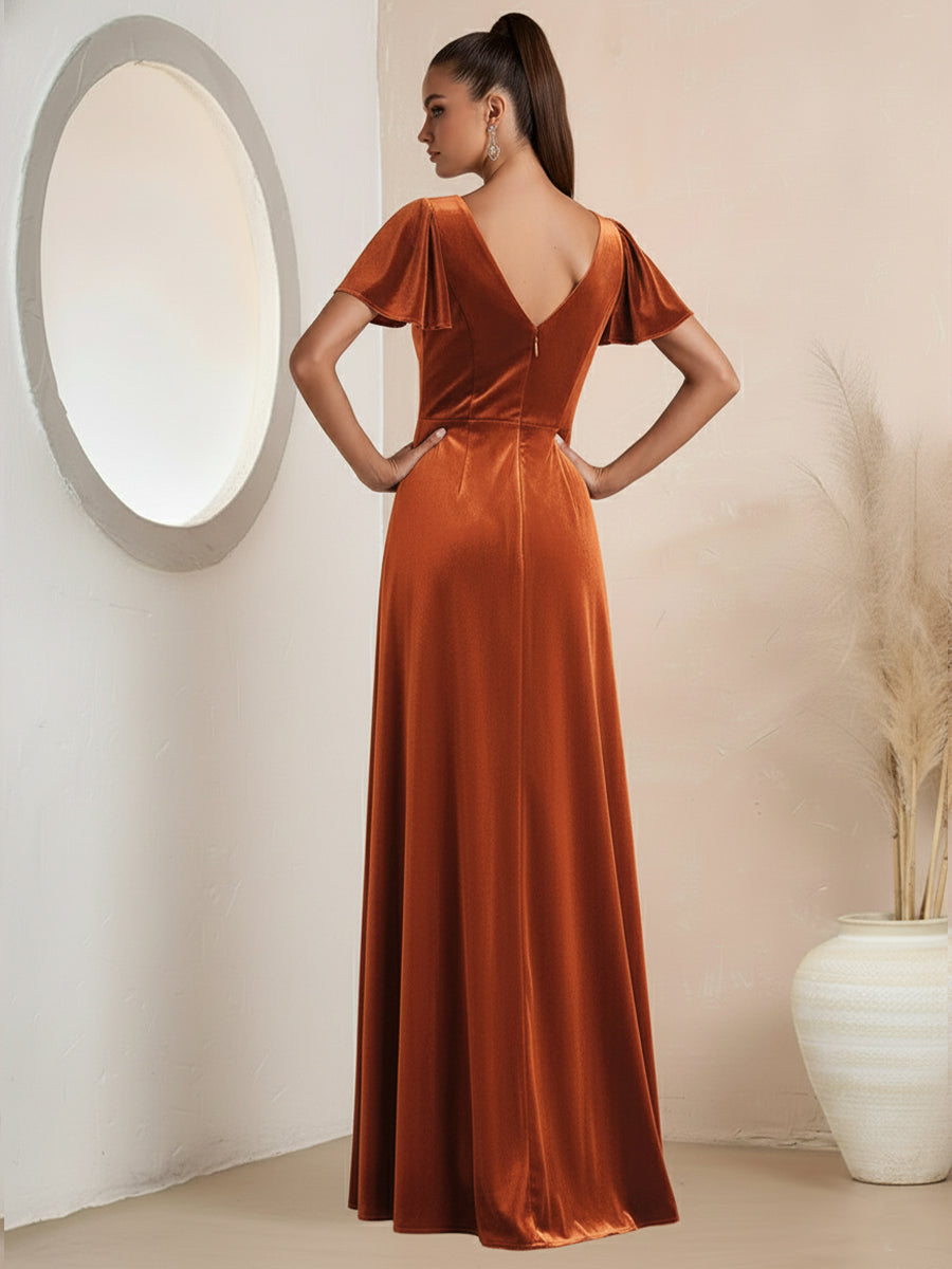 Classic A-Line/Princess V-Neck Short Sleeve Ruched Floor-Length Formal Dresses