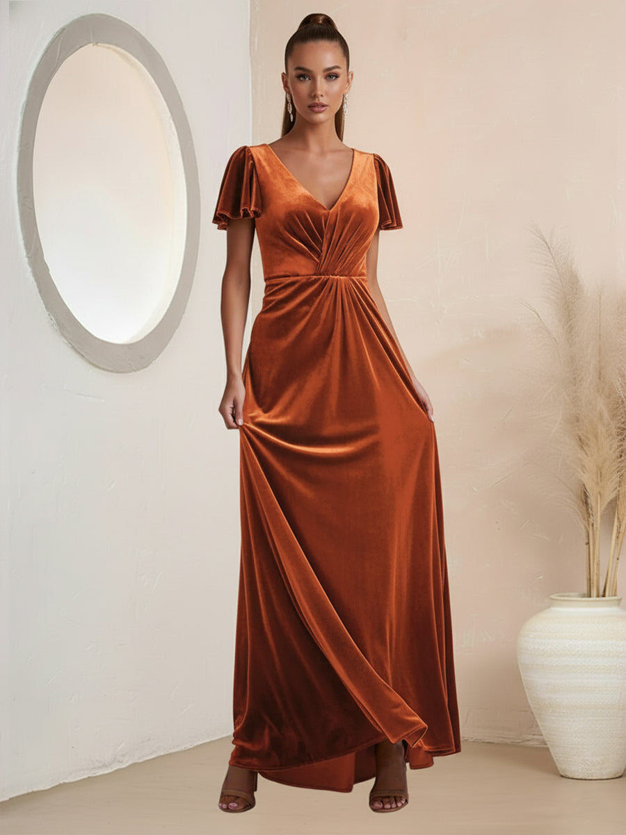 Classic A-Line/Princess V-Neck Short Sleeve Ruched Floor-Length Formal Dresses