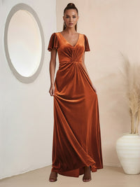 Classic A-Line/Princess V-Neck Short Sleeve Ruched Floor-Length Formal Dresses