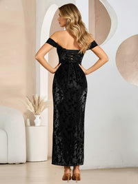 Sheath/Column Cold Shoulder Ruched Ankle-Length Cocktail Dresses with Floral Velvet