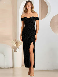 Sheath/Column Cold Shoulder Ruched Ankle-Length Cocktail Dresses with Floral Velvet