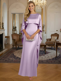Sheath/Column Round Neck Satin Floor-Length Formal Dresses with Cape