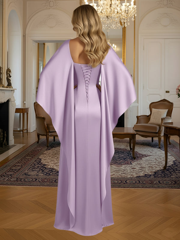 Sheath/Column Round Neck Satin Floor-Length Formal Dresses with Cape