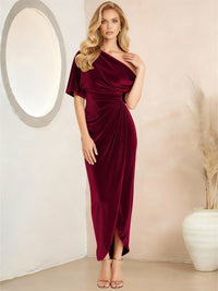 Wrap Asymmetrical Pleated Velvet Floor-Length Formal Dresses
