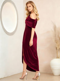 Wrap Asymmetrical Pleated Velvet Floor-Length Formal Dresses