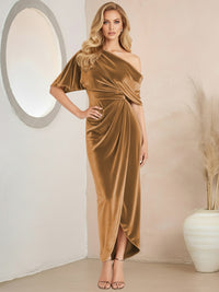 Wrap Asymmetrical Pleated Velvet Floor-Length Formal Dresses