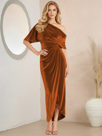 Wrap Asymmetrical Pleated Velvet Floor-Length Formal Dresses