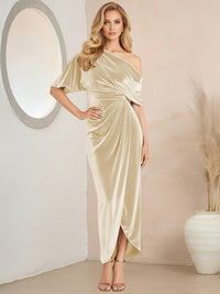 Wrap Asymmetrical Pleated Velvet Floor-Length Formal Dresses