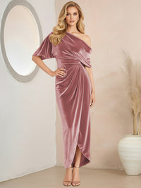Wrap Asymmetrical Pleated Velvet Floor-Length Formal Dresses
