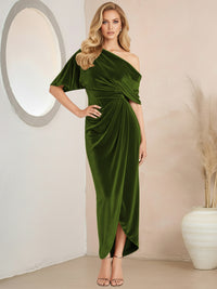 Wrap Asymmetrical Pleated Velvet Floor-Length Formal Dresses