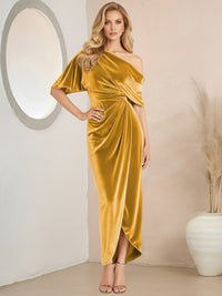 Wrap Asymmetrical Pleated Velvet Floor-Length Formal Dresses