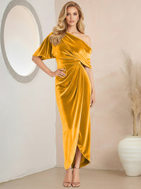 Wrap Asymmetrical Pleated Velvet Floor-Length Formal Dresses