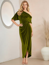 Wrap Asymmetrical Pleated Velvet Floor-Length Formal Dresses