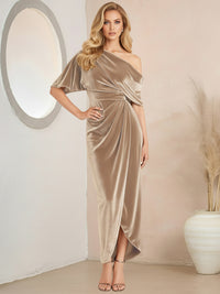 Wrap Asymmetrical Pleated Velvet Floor-Length Formal Dresses