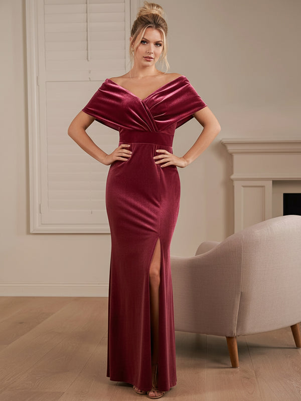 Wrap V-Neck Short Sleeves Ruched Velvet Floor-Length Formal Dresses