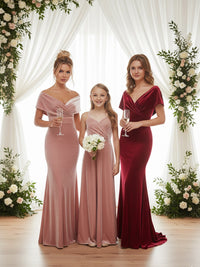 Wrap V-Neck Short Sleeves Ruched Velvet Floor-Length Formal Dresses