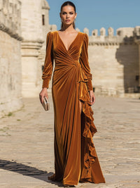 A-Line/Princess V-Neck Long Sleeve Ruched Floor-Length Formal Dresses with Ruffle Train