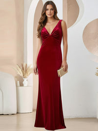 Sheath/Column V-Neck Sleeveless Velvet Ruched Floor-Length Formal Dresses