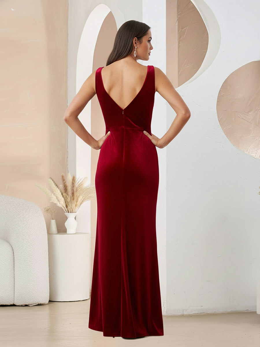 Sheath/Column V-Neck Sleeveless Velvet Ruched Floor-Length Formal Dresses