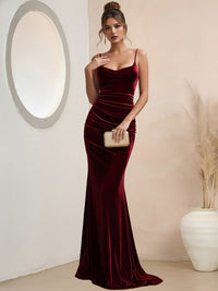 Mermaid/Trumpet Spaghetti Strap Sleeveless Velvet Ruched Floor-Length Formal Dresses