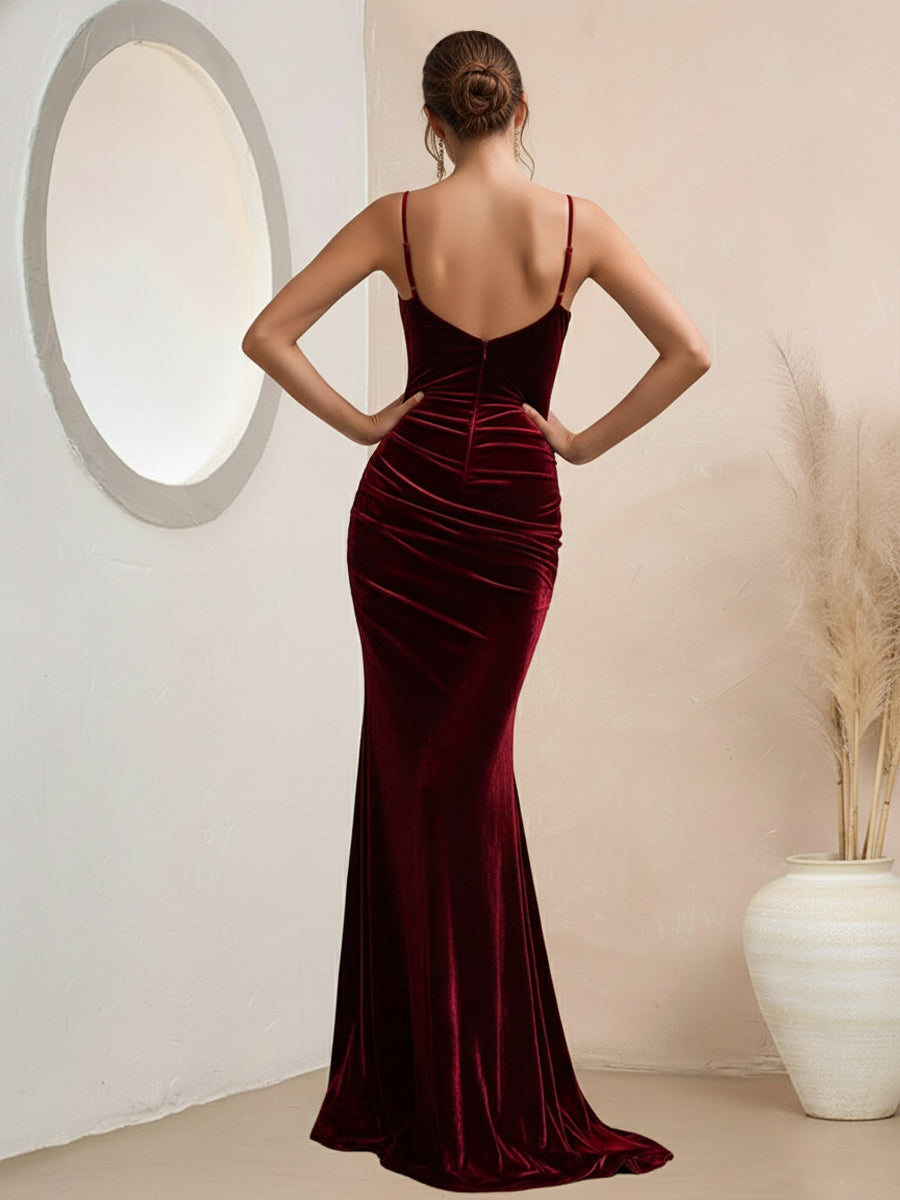 Mermaid/Trumpet Spaghetti Strap Sleeveless Velvet Ruched Floor-Length Formal Dresses