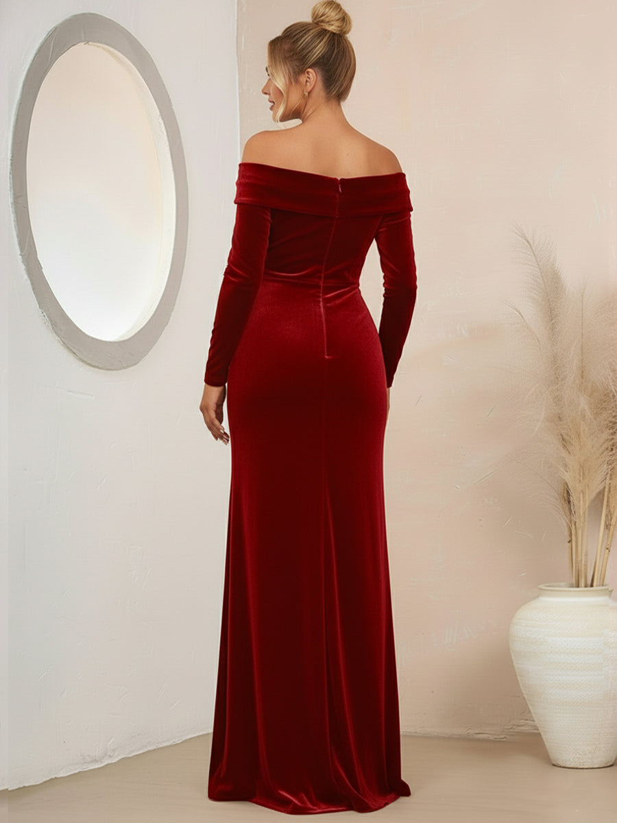 Sheath/Column Velvet Ruched Floor-Length Formal Dresses with Asymmetrical Sleeve