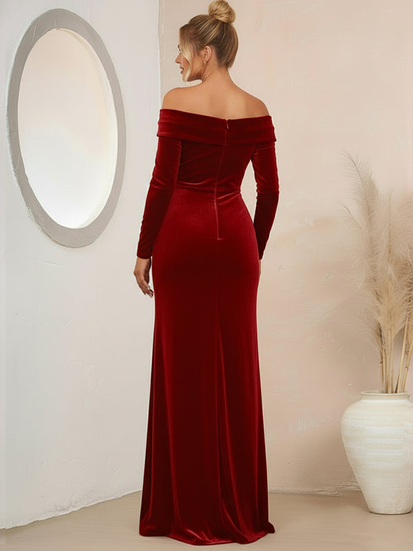 Sheath/Column Velvet Ruched Floor-Length Formal Dresses with Asymmetrical Sleeve