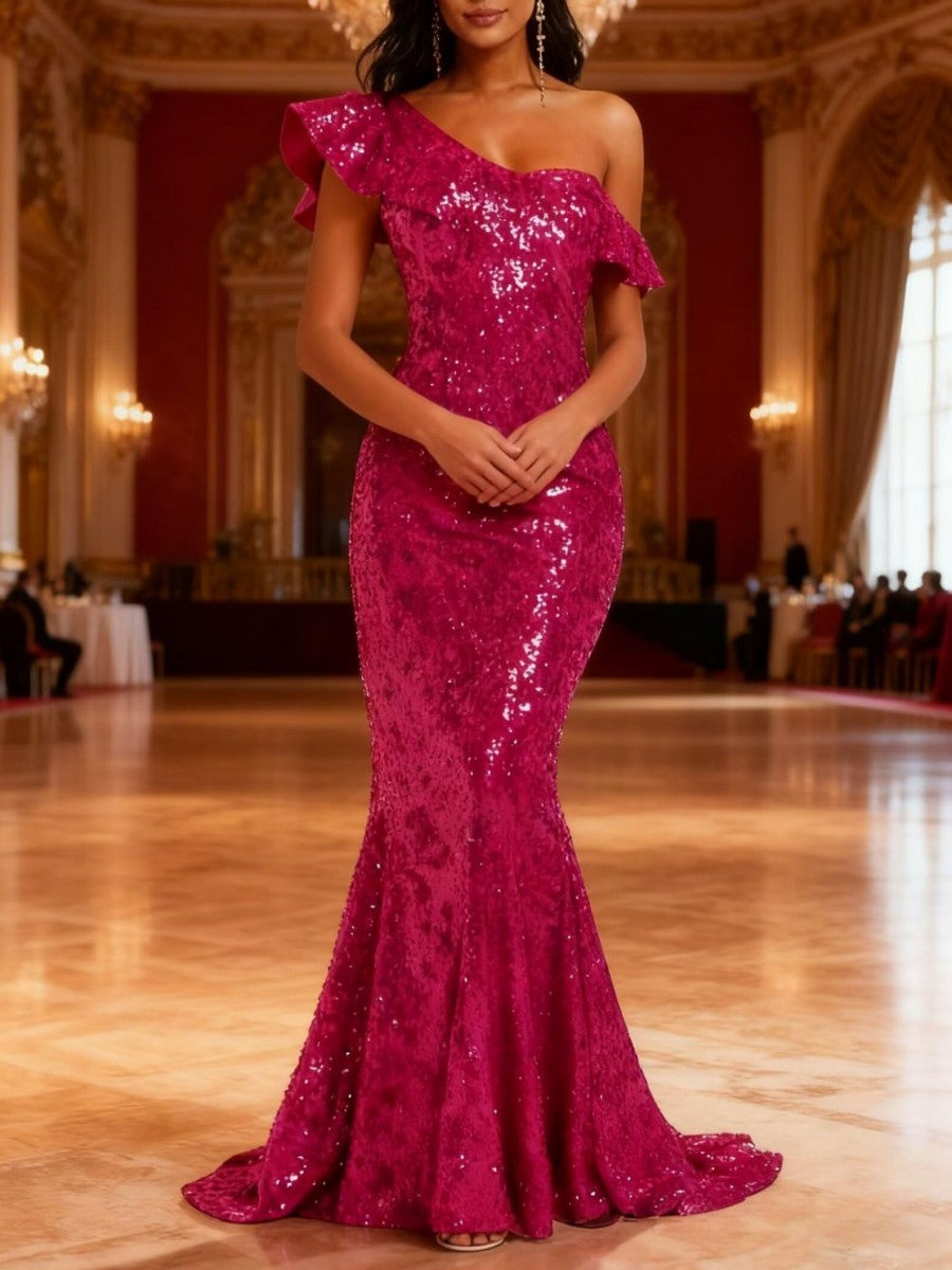 Mermaid/Trumpet One Shoulder Ruffle Floor-Length Evening Dresses with Sparkly Sequin