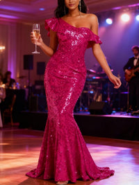 Mermaid/Trumpet One Shoulder Ruffle Floor-Length Evening Dresses with Sparkly Sequin