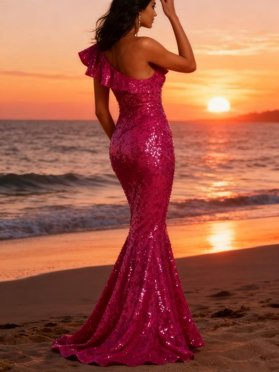 Mermaid/Trumpet One Shoulder Ruffle Floor-Length Evening Dresses with Sparkly Sequin