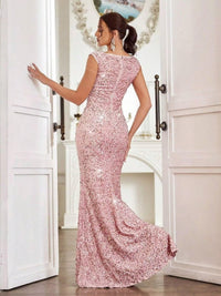 Trumpet/Mermaid Cap Sleeve Floor-Length Formal Dresses with Sparkly Sequin