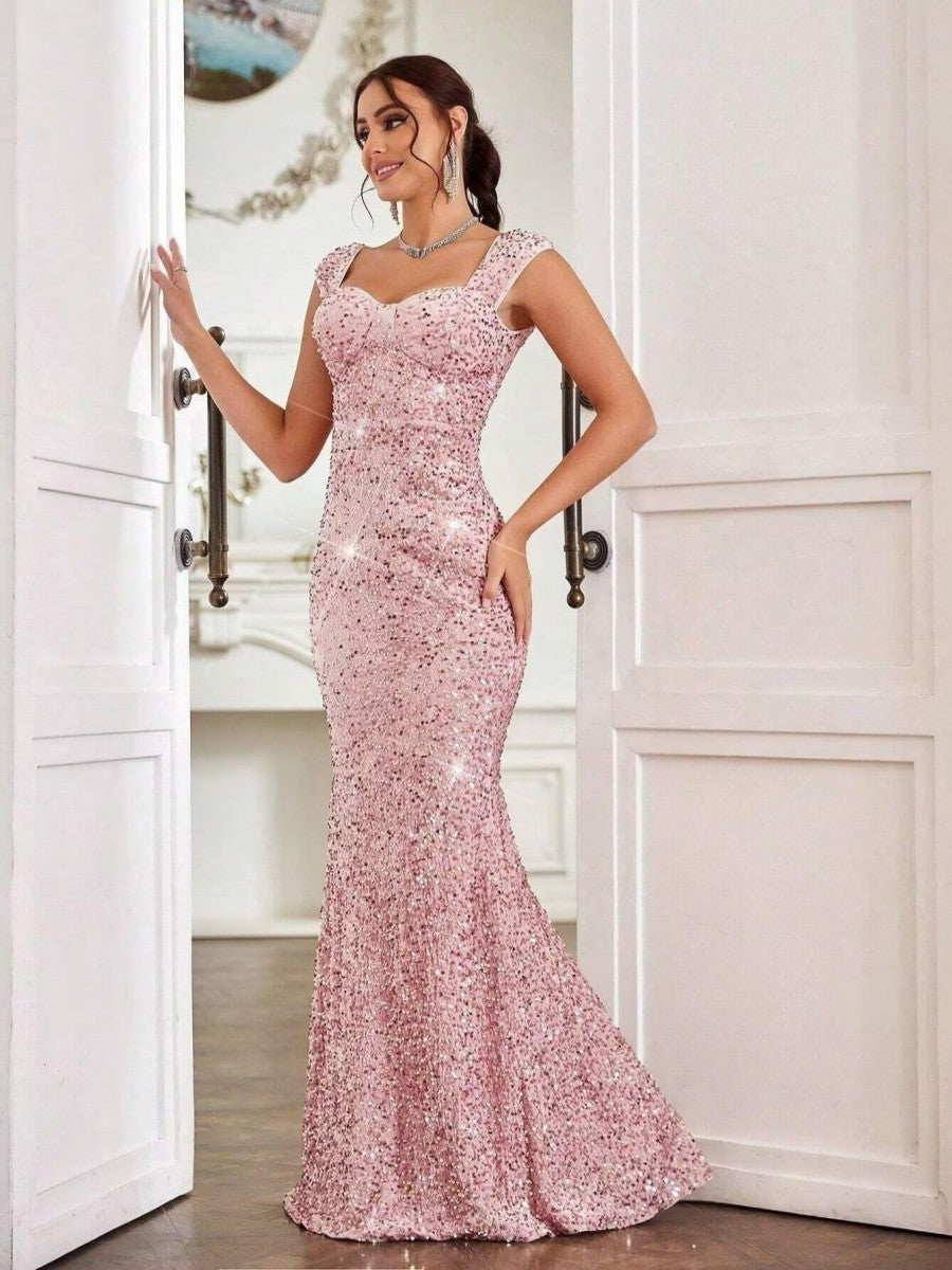 Trumpet/Mermaid Cap Sleeve Floor-Length Formal Dresses with Sparkly Sequin