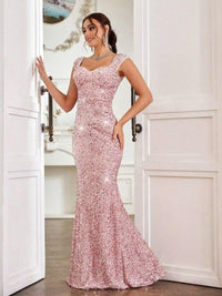 Trumpet/Mermaid Cap Sleeve Floor-Length Formal Dresses with Sparkly Sequin