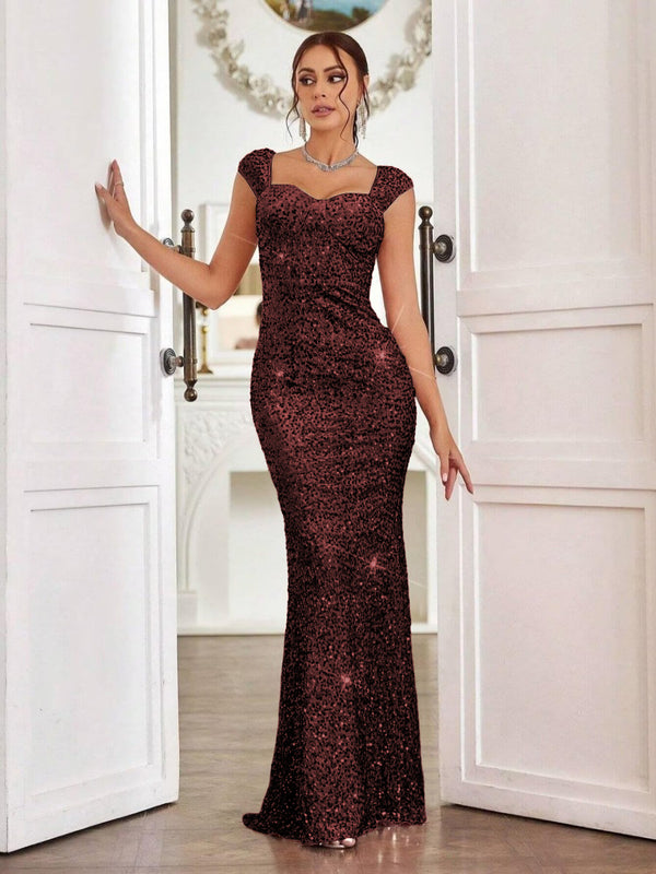 Trumpet/Mermaid Cap Sleeve Floor-Length Formal Dresses with Sparkly Sequin