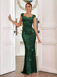 Trumpet/Mermaid Cap Sleeve Floor-Length Formal Dresses with Sparkly Sequin