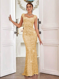 Trumpet/Mermaid Cap Sleeve Floor-Length Formal Dresses with Sparkly Sequin