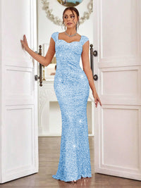 Trumpet/Mermaid Cap Sleeve Floor-Length Formal Dresses with Sparkly Sequin