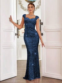 Trumpet/Mermaid Cap Sleeve Floor-Length Formal Dresses with Sparkly Sequin