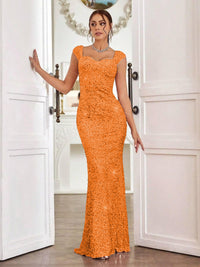 Trumpet/Mermaid Cap Sleeve Floor-Length Formal Dresses with Sparkly Sequin