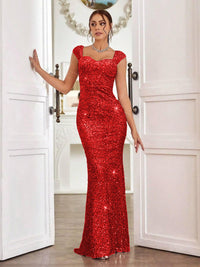 Trumpet/Mermaid Cap Sleeve Floor-Length Formal Dresses with Sparkly Sequin