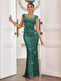 Trumpet/Mermaid Cap Sleeve Floor-Length Formal Dresses with Sparkly Sequin