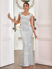 Trumpet/Mermaid Cap Sleeve Floor-Length Formal Dresses with Sparkly Sequin