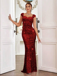 Trumpet/Mermaid Cap Sleeve Floor-Length Formal Dresses with Sparkly Sequin