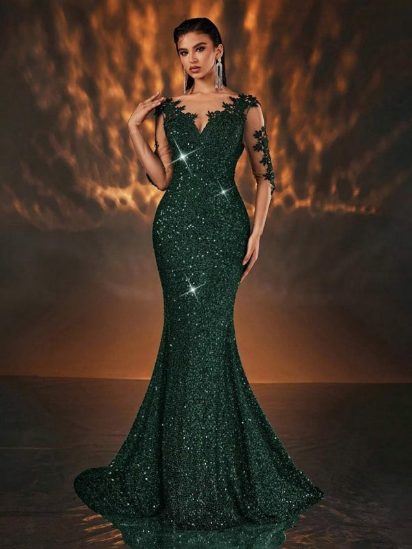 Mermaid/Trumpet Long Sleeve Glitter Floor-Length Formal Dresses with Lace Appliques