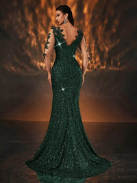Mermaid/Trumpet Long Sleeve Glitter Floor-Length Formal Dresses with Lace Appliques