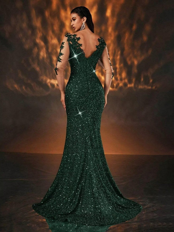 Mermaid/Trumpet Long Sleeve Glitter Floor-Length Formal Dresses with Lace Appliques