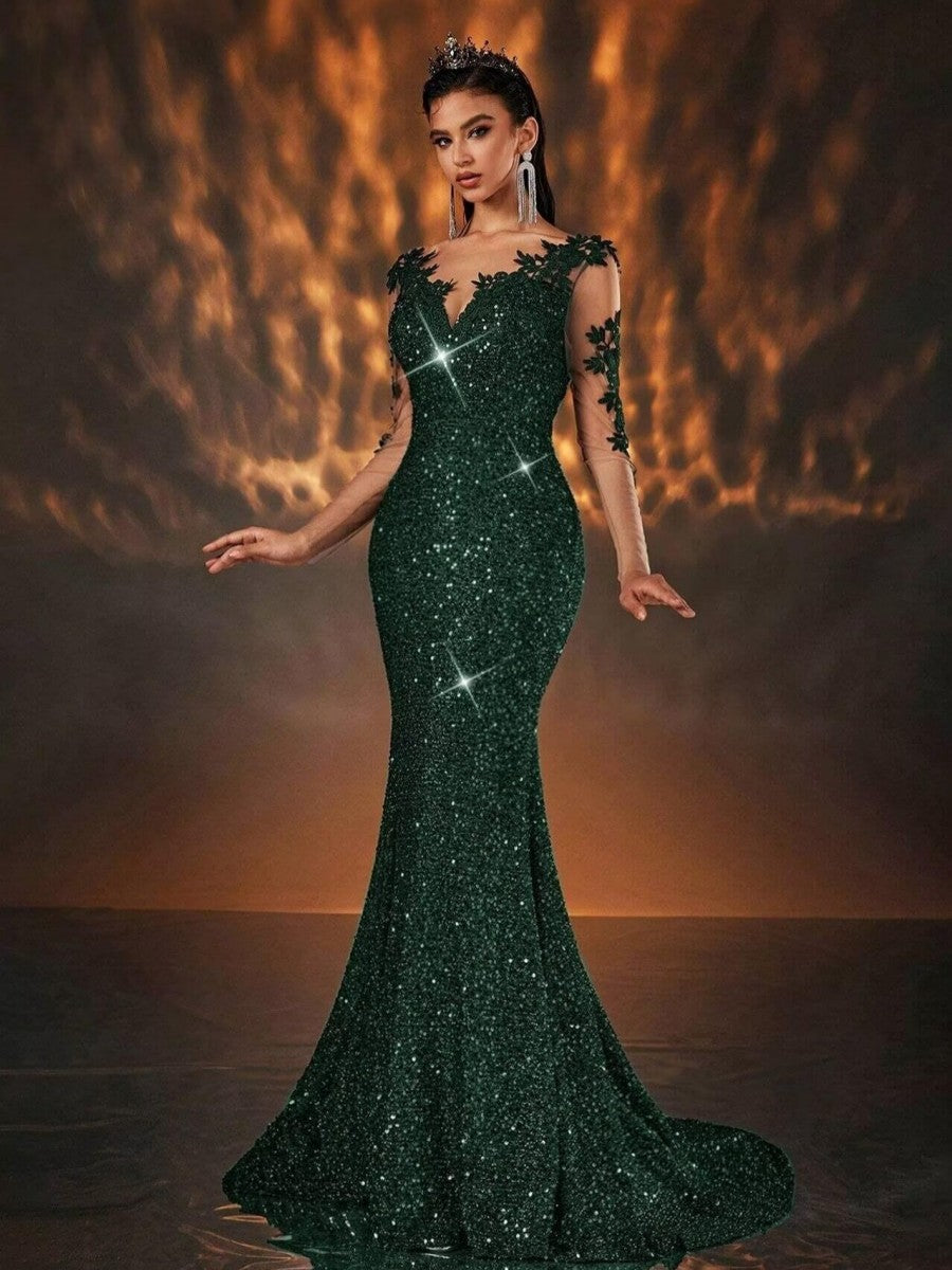Mermaid/Trumpet Long Sleeve Glitter Floor-Length Formal Dresses with Lace Appliques